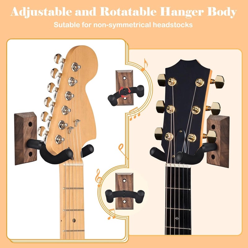 MOREYES Guitar Wall Mount 4 Pack, Guitar Wall Hangers with Rotatable Soft Guitar Hook for All Size Guitars, Hardwood U-Shaped Guitar Holder for Acoustic Guitar, Bass, Easy to Install, Black Walnut - Image 3